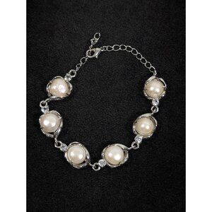 Silver‎ Tone Baroque Button Pearl Rhinestone Tennis Bracelet Bridal Wedding 9 in